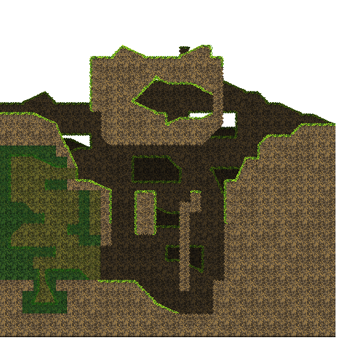 tileset test of a small platforming level, mostly set under a hill. there is a secret area to the left
